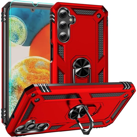 for Samsung A24 4G Case, Galaxy A24 4G Case, with HD Screen Protector, Military-Grade Metal Ring Holder Kickstand 15ft Drop Tested Shockproof Cover Case for Samsung Galaxy A24 4G Purple