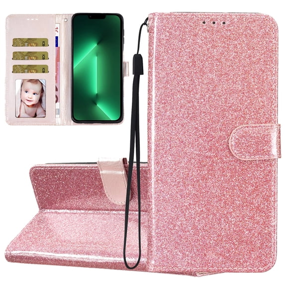 For Samsung A25 5G Wallet Case Bling Shiny Premium PU Leather with RFID Blocking Card Slots Holder Magnetic Flip Kickstand Shockproof Wrist Strap Cover For Samsung Galaxy A25 5G, Rosegold