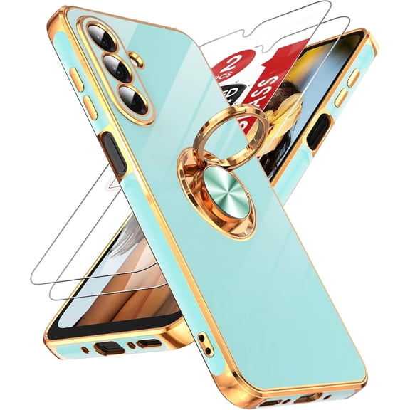 for Samsung A26-5G Case: with 2 Pack Tempered Glass Screen Protector and 360° Rotatable Ring Holder Magnetic Kickstand, Plating Rose Gold Edge for Galaxy A26 5G Case, Cute Present for Mom, Mint