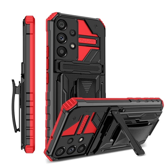 For Samsung A32 5G Case with Belt Clip Holster, Heavy Duty Military Grade Drop Protective, 360° Rotating Kickstand Shockproof TPU Shell Durable Rugged Cover For Samsung Galaxy A32 5G, Red