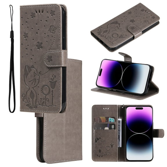 For Samsung A32 5G Luxury Wallet Case,Embossed Flower Cat[Hand Strap] Handmade Flip Folio Magnetic Closure Cover with [Kickstand Function] Credit Card Holder For Samsung Galaxy A32 5G, Gray