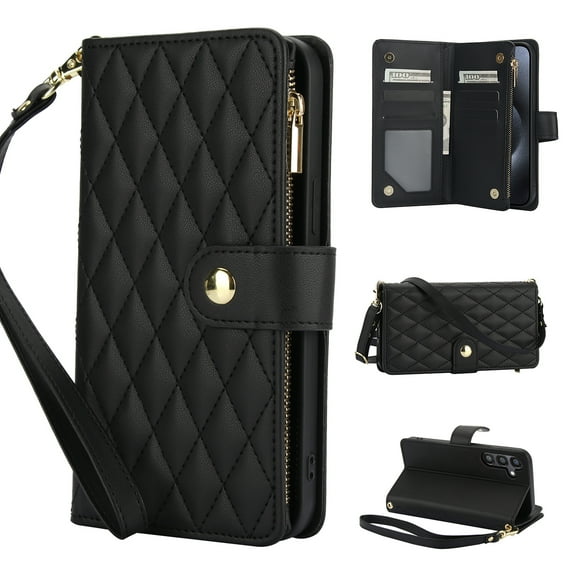 for Samsung A36 5G Wallet Case with Zipper Pocket, RFID Blocking Card Slots, PU Leather Magnetic Clasp Kickstand Crossbody & Wrist Strap Rugged Protective Cover for Galaxy A36 5G, Black