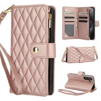 for Samsung A36 5G Wallet Case with Zipper Pocket, RFID Blocking Card Slots, PU Leather Magnetic Clasp Kickstand Crossbody & Wrist Strap Rugged Protective Cover for Galaxy A36 5G, Rosegold
