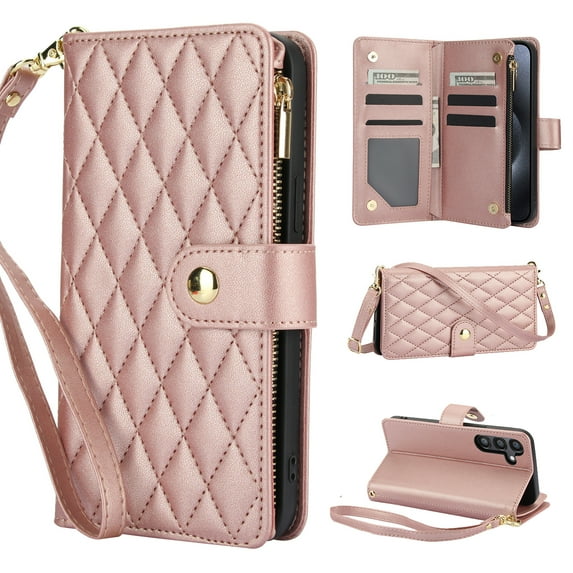 for Samsung A36 5G Wallet Case with Zipper Pocket, RFID Blocking Card Slots, PU Leather Magnetic Clasp Kickstand Crossbody & Wrist Strap Rugged Protective Cover for Galaxy A36 5G, Rosegold