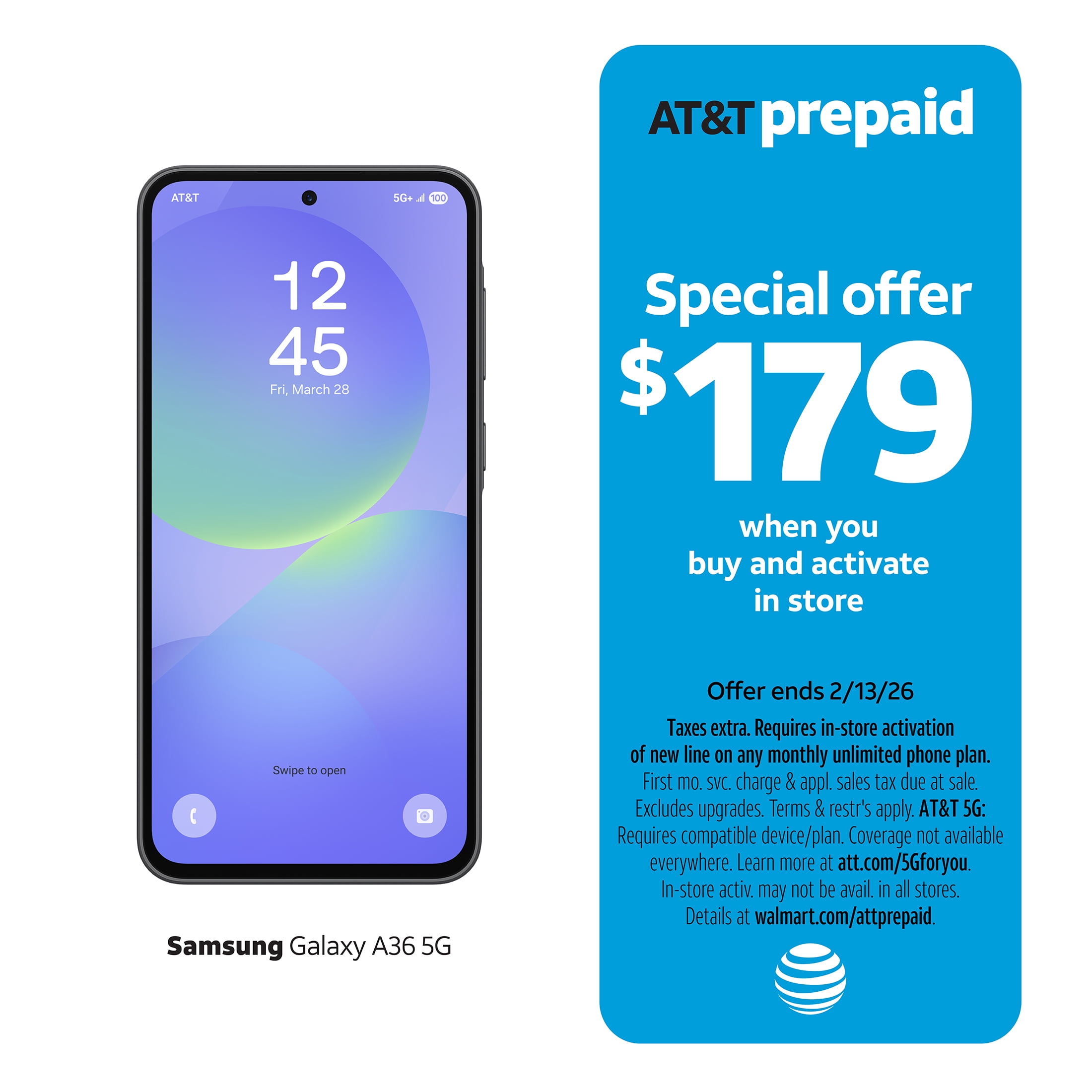AT&T Samsung Galaxy A36 5G, 128GB, Awesome Black - Prepaid Smartphone [Locked to AT&T] - rated 4.5 stars from 17 reviews