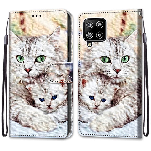 For Samsung A42 Case 5G , Mantto PU Leather Phone Case With Hand Rope Strap Cute Painted Flip Card Wallet Slots Case,Kickstand Phone Skin For Samsung Galaxy A42 5G, Parent-child cat