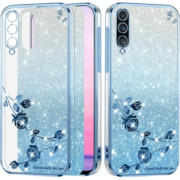 for Samsung A50 Phone Case Clear Glitter Sparkle, Luxury Shiny Samsung Galaxy A50 Case Flower Silicone TPU Protective Case Anti-Scratch Cover Purple Slim Soft (Blue)