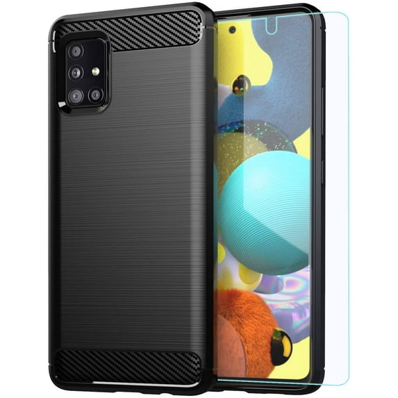 Samsung A51 5G Case with HD Screen Protector - Slim TPU Non-Slip Phone Cover (Black Brushed)