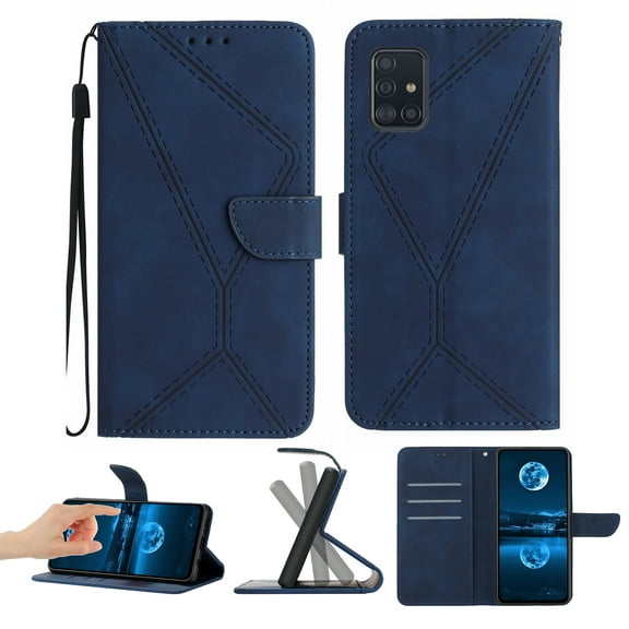For Samsung A51 5G Wallet Case with [RFID Blocking] Leather Flip Folio Strong Magnetic Closure Cover Credit Card Holder with Hand Strap Kickstand Men Women For Samsung Galaxy A51 5G, Darkblue