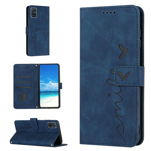 For Samsung A51 Case 5G Wallet Cover, PU Leather Kickstand Credit Card Pocket Slots Wrist Strap Magnetic Folio Heart Patterned Embossed Flip Cover for Samsung Galaxy A51 5G,Blue