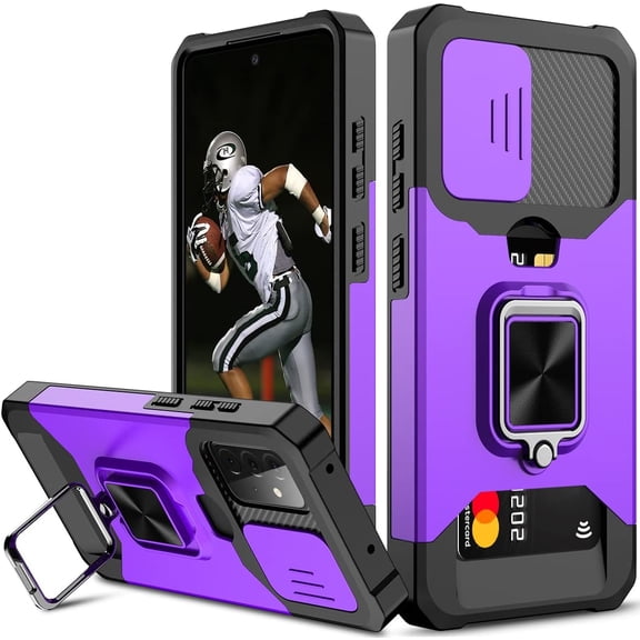 for Samsung A52 Case with Sliding Camera Cover Heavy Duty Protective Galaxy A52 Case with Card Holder Magnetic Rotate Ring Kickstand Phone Case for Samsung A52 5G/4G(Purple)