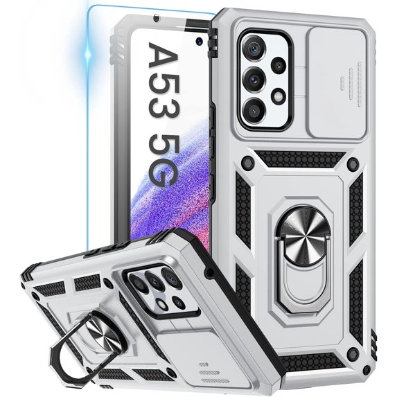for Samsung A53 5G Case, Galaxy A53 5G Case with Camera Cover & 360°Kickstand Ring with Tempered Glass Screen Protector, Military Grade Shockproof Protective Cover for A53 5G Case Silver