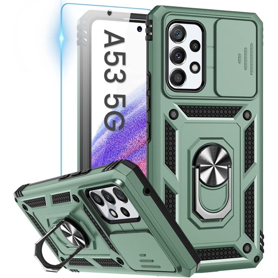 for Samsung A53 5G Case, Galaxy A53 5G Case with Camera Cover & 360°Kickstand Ring with Tempered Glass Screen Protector, Military Grade Shockproof Protective Cover for A53 5G Case Green