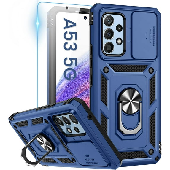 for Samsung A53 5G Case, Galaxy A53 5G Case with Camera Cover & 360°Kickstand Ring with Tempered Glass Screen Protector, Military Grade Shockproof Protective Cover for A53 5G Case Blue