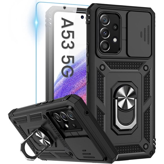 for Samsung A53 5G Case, Galaxy A53 5G Case with Camera Cover & 360°Kickstand Ring with Tempered Glass Screen Protector, Military Grade Shockproof Protective Cover for A53 5G Case Black