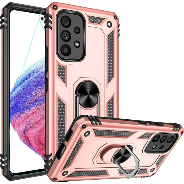 for Samsung A53 5G Case, Galaxy A53 5G Case with HD Screen Protector, [Military-Grade] Magnetic Ring Holder Kickstand Shockproof Protective Phone Case for Samsung Galaxy A53 5G, Rose Gold