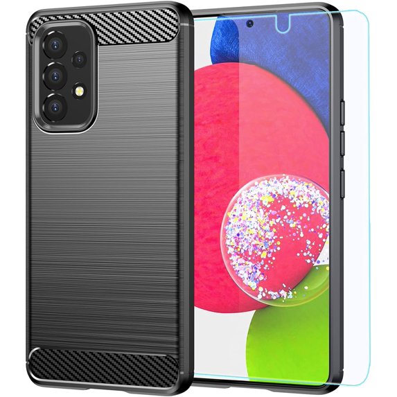 Samsung A53 5G case,Galaxy A53 5G case,with HD Screen Protector, Fashion Shock-Absorption Flexible TPU Bumper Soft Rubber Protective Case Cove for Samsung Galaxy A53 5G (Black Brushed TPU)