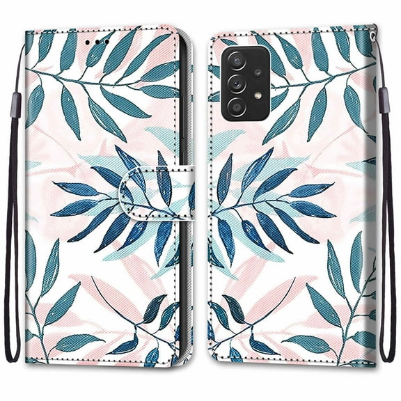 For Samsung A53 Case 5G , Mantto Magnetic PU Leather Phone Case With Hand Rope Strap Cute Pattern Painted Flip Card Wallet Slots Case,Kickstand Phone Skin For Samsung Galaxy A53 5G, Leaf