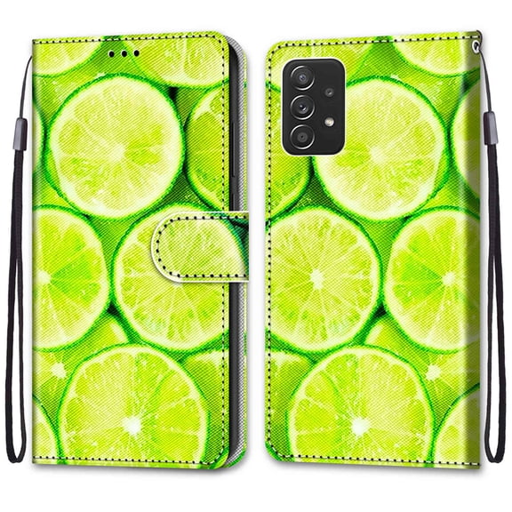 For Samsung A53 Case 5G , Mantto Magnetic PU Leather Phone Case With Hand Rope Strap Cute Pattern Painted Flip Card Wallet Slots Case,Kickstand Phone Skin For Samsung Galaxy A53 5G, Green Lemon