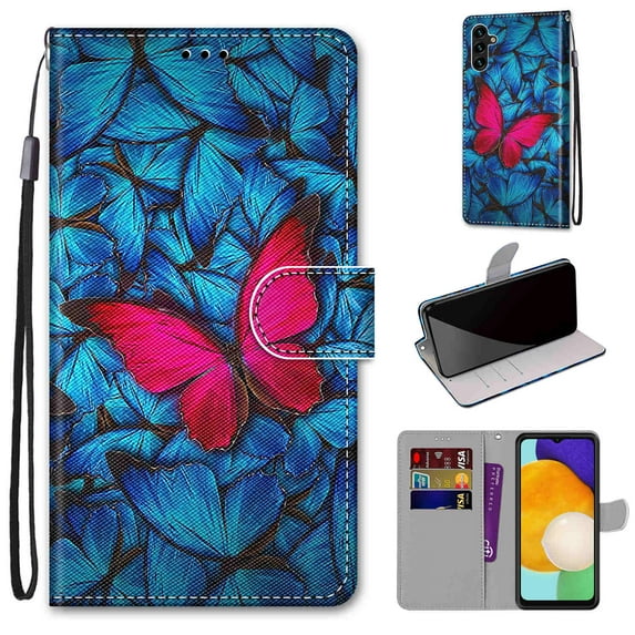 For Samsung A54 Case 5G , Mantto PU Leather Phone Case With Hand Rope Strap Cute Painted Flip Card Wallet Slots Case,Kickstand Phone Skin For Samsung Galaxy A54 5G, Butterfly
