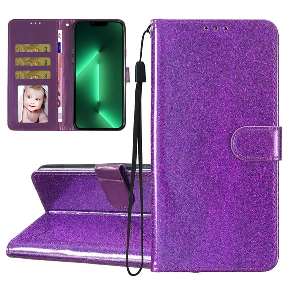 For Samsung A55 Wallet Case Bling Shiny Premium PU Leather with RFID Blocking Card Slots Holder Magnetic Flip Kickstand Shockproof Wrist Strap Cover For Samsung Galaxy A55, Purple