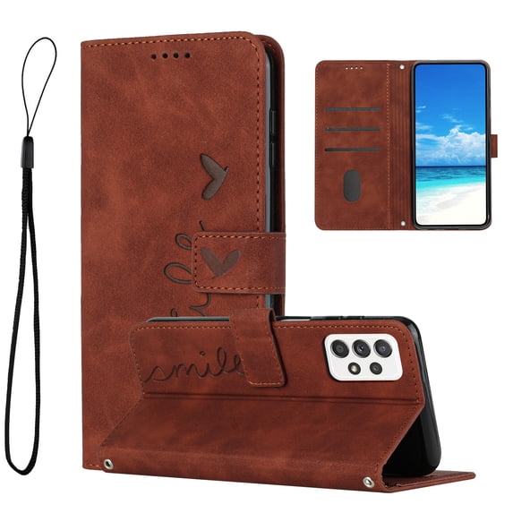For Samsung A72 Case, Allytech Wallet Case Magnetic Folio Embossed Full Protection PU Leather Kickstand Credit Card Holder Slots Wrist Strap Flip Cover for Samsung Galaxy A72 5G/4G, Brown