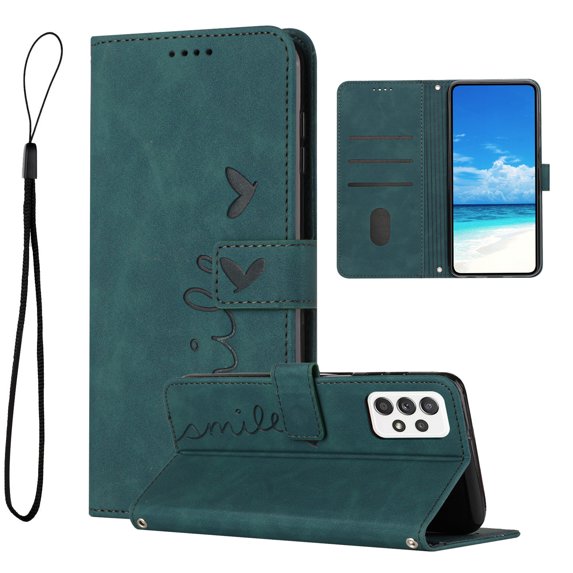 For Samsung A72 Case, Allytech Wallet Case Magnetic Folio Embossed Full Protection PU Leather Kickstand Credit Card Holder Slots Wrist Strap Flip Cover for Samsung Galaxy A72 5G/4G, Green