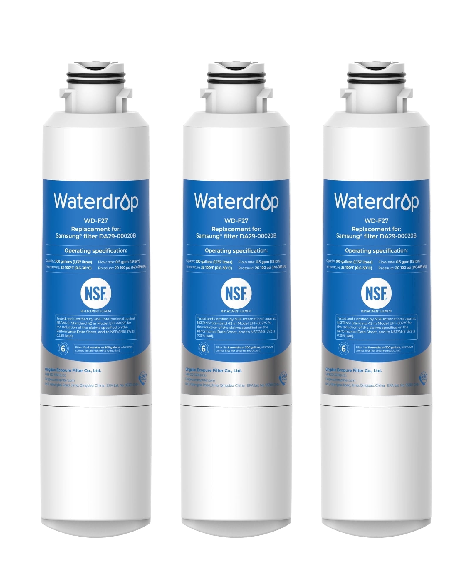 Waterdrop F27 Refrigerator Water Filter Replacement for Samsung®DA29-00020B HAF-CIN/EXP, HAF-CINRF28HMEDBSR, RF263BEAESR, RS25J500DSR, RF263TEAESG, HDX FMS-2, DA97-08006A-1, 3 Filters