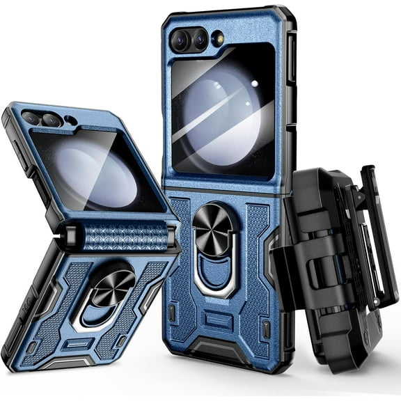 for Samsung Flip 5 Case with Belt Clip Holster, Hinge Protection with 360°Ring Magnetic Kickstand & Camera Screen Protector Heavy Duty Protective  Cover - Blue