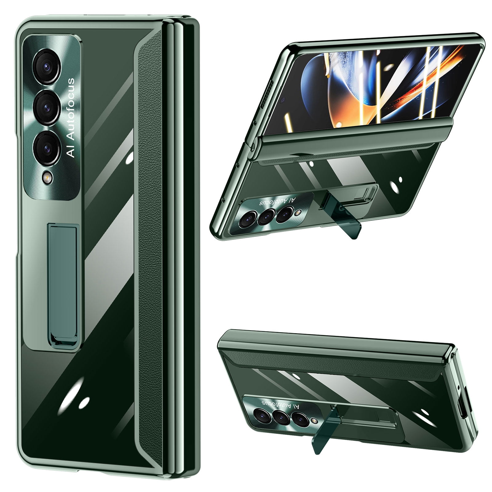 for Samsung Fold 4 Case, Transparent Electroplating Phone Case with Full Cover Hinge Protection, Clear Case with Built-in Screen Protector & Magnetic Kickstand for Galaxy Z Fold 4 5G - Green