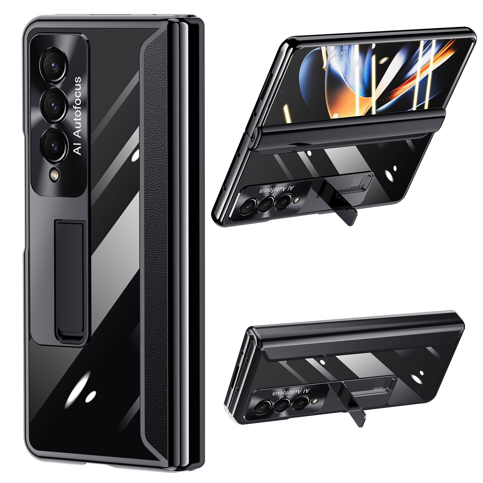 for Samsung Fold 4 Case, Transparent Electroplating Phone Case with Full Cover Hinge Protection, Clear Case with Built-in Screen Protector & Magnetic Kickstand for Galaxy Z Fold 4 5G - Black