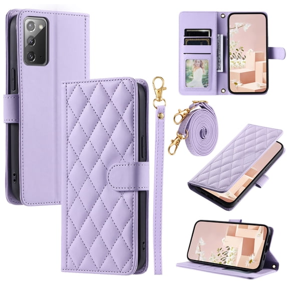 for Samsung Gaalxy Note 20 Wallet Case, Elegant PU Leather Shoulder Strap & Wrist Strap Kickstand Card Slots Magnetic Closure Full Body Protection Case for Samsung Gaalxy Note 20, Purple
