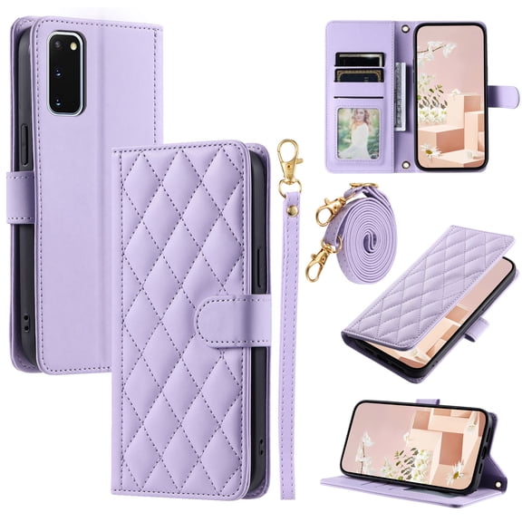 for Samsung Gaalxy S20 Wallet Case, Elegant PU Leather Shoulder Strap & Wrist Strap Kickstand Card Slots Magnetic Closure Full Body Protection Phone Case for Samsung Gaalxy S20, Purple