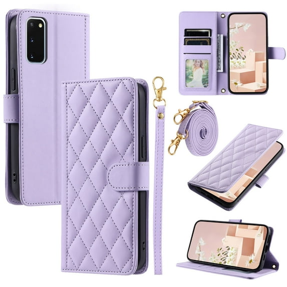 for Samsung Gaalxy S20 Wallet Case, Elegant PU Leather Shoulder Strap & Wrist Strap Kickstand Card Slots Magnetic Closure Full Body Protection Phone Case for Samsung Gaalxy S20, Purple