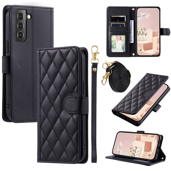 for Samsung Gaalxy S22 Wallet Case, Elegant PU Leather Shoulder Strap & Wrist Strap Kickstand Card Slots Magnetic Closure Full Body Protection Phone Case for Samsung Gaalxy S22, Black