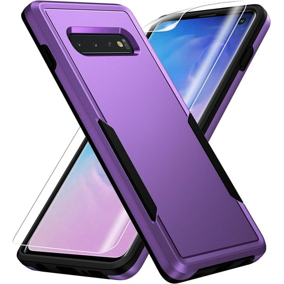 Samsung Galax S10 Case, Purple, Heavy-Duty Tough Rugged Shockproof Protective Cellular Phone Case with HD Screen Protector, Grade Drop Tested, TPU+PC