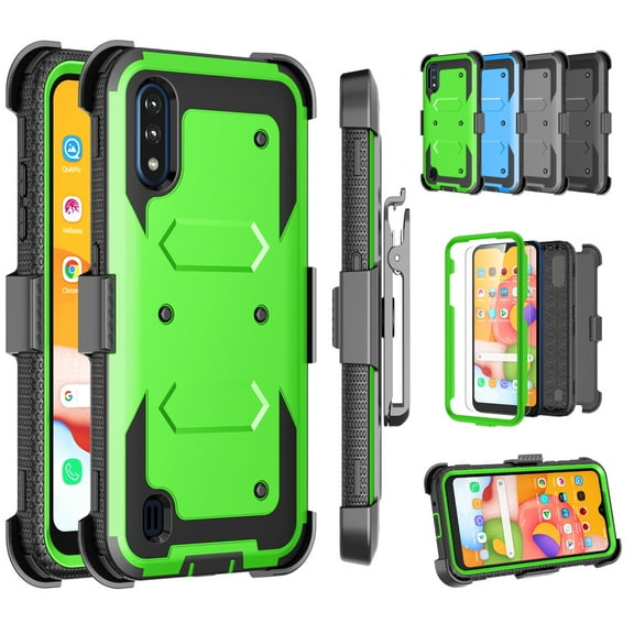 Samsung Galaxy A01 Case Clip Belt Holster,Takfox Shockproof Swivel Defender Heavy Duty Armor Protective Case & 2 Pcs Tempered Glass Screen Protector w/ Kickstand Rugged Cover For Galaxy A01 2020,Green