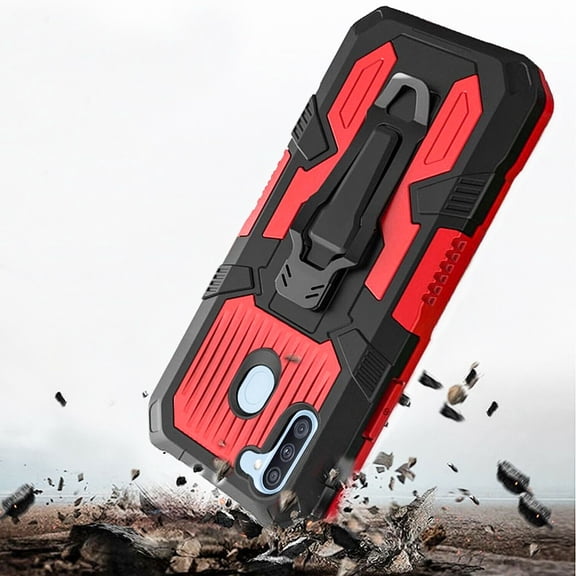 Samsung Galaxy A01 Case, Dual Layers [Combo Holster] And Built-In Kickstand Hybird Shockproof (Red)