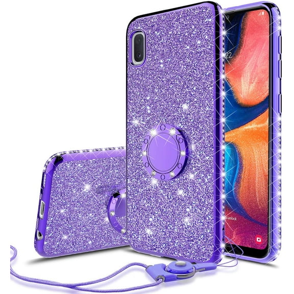 For Samsung Galaxy A01 Case,Ring Kickstand Glitter Cute Bling Cover for Girls Women Diamond Sparkly Compatible Case For Galaxy A01 Phone Cases - Purple