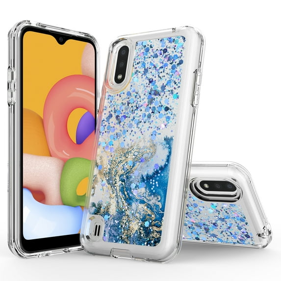 Samsung Galaxy A01 Case, Rosebono Hybrid Bling Glitter Sparkle Epoxy Graphic Marble Colorful Silicone Skin Cover Armor Case for Samsung Galaxy A01 (Blue)