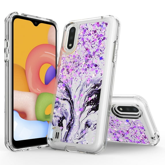 Samsung Galaxy A01 Case, Rosebono Hybrid Bling Glitter Sparkle Epoxy Graphic Marble Colorful Silicone Skin Cover Armor Case for Samsung Galaxy A01 (Purple)