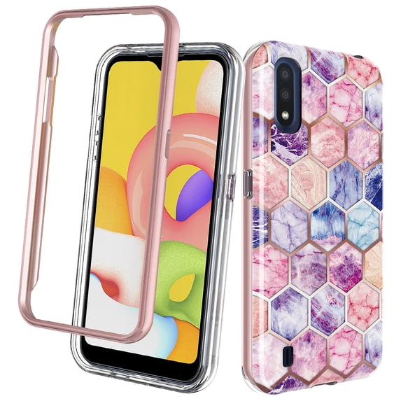 Samsung Galaxy A01 Case, Rosebono Hybrid Dual-Layered IMD Design Graphic Hexagon Marble Anti-Scratch Drop Protection Skin Cover Shockproof Case for Samsung Galaxy A01