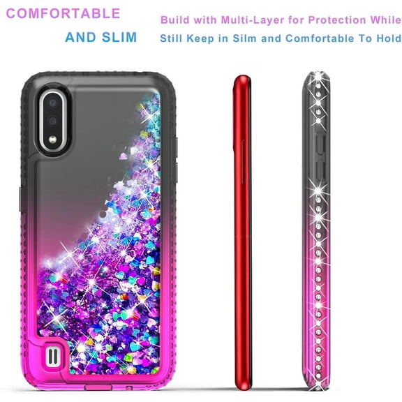 Samsung Galaxy A01 Phone Case, Liquid Floating Glitter Quicksand Bling with Spot Diamond Cover - Black/Pink