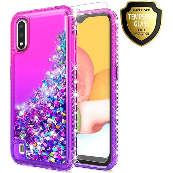 Samsung Galaxy A01 Phone Case, with [Tempered Glass Protector Included] Liquid Floating Glitter Quicksand Bling with Spot Diamond Cover - Pink/Purple