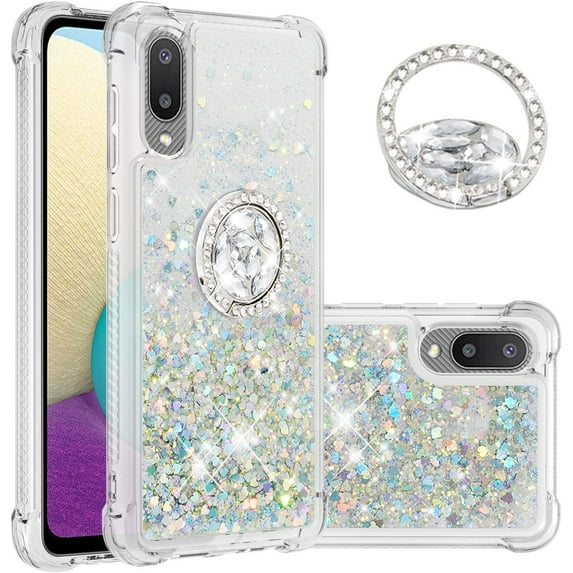 Samsung Galaxy A02/Galaxy M02 Case with Creativity Clear Quicksand Glitter Flowing Liquid Floating Soft TPU Case w/Stand Bling Diamond Sparkle Phone Cover for Samsung Galaxy A02 Silver