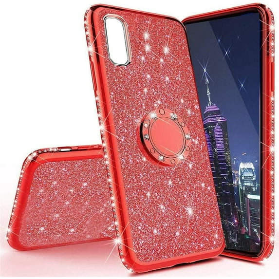 Samsung Galaxy A02 /Galaxy M02 Phone Case,Glitter Sparkle Bling w/Kickstand Case Shiny Crystal Rhinestone Diamond 360 Degree Ring Grip Magnetic Phone Cover for Samsung Galaxy A02 HH Red