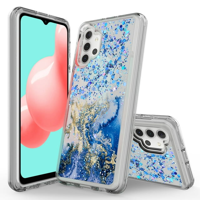Samsung Galaxy A02S Phone Case, Rosebono Hybrid Bling Glitter Sparkle Epoxy Graphic Marble Colorful Silicone Skin Cover Armor Case for Samsung Galaxy A02S (Blue)