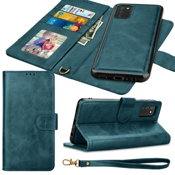 Samsung Galaxy A02S Wallet Case Tiflook Vegan Leather [RFID Blocking] [Removable Detachable Magnetic] Card Holder Flip Cover [Dark Green]