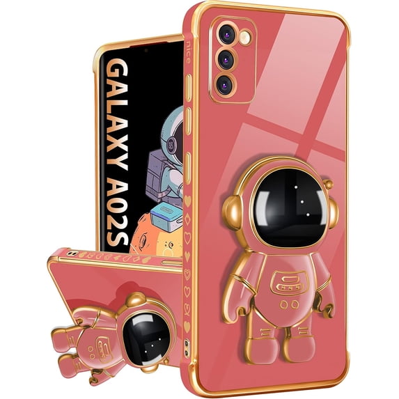 for Samsung Galaxy A02s Case with Astronaut Stand, Women Girls Galaxy A02s Cases, Girly Cute 6D Outer Space Heart Pattern Phone Cover for Samsung A02s 6.5 Inch Red
