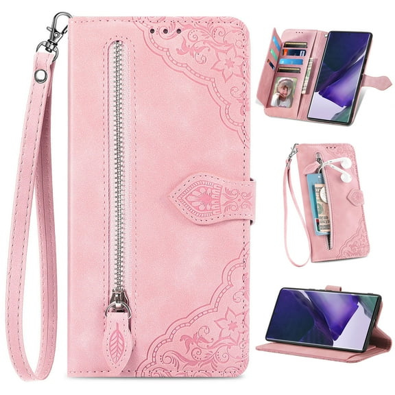 for Samsung Galaxy A03 Core Case for Women,Cute Wallet Case with Zipper Pocket Purse Flower Embossed PU Leather Card Slots Wrist Strap Flip Folio Protective Phone Cover for Galaxy A03 Core, Pink